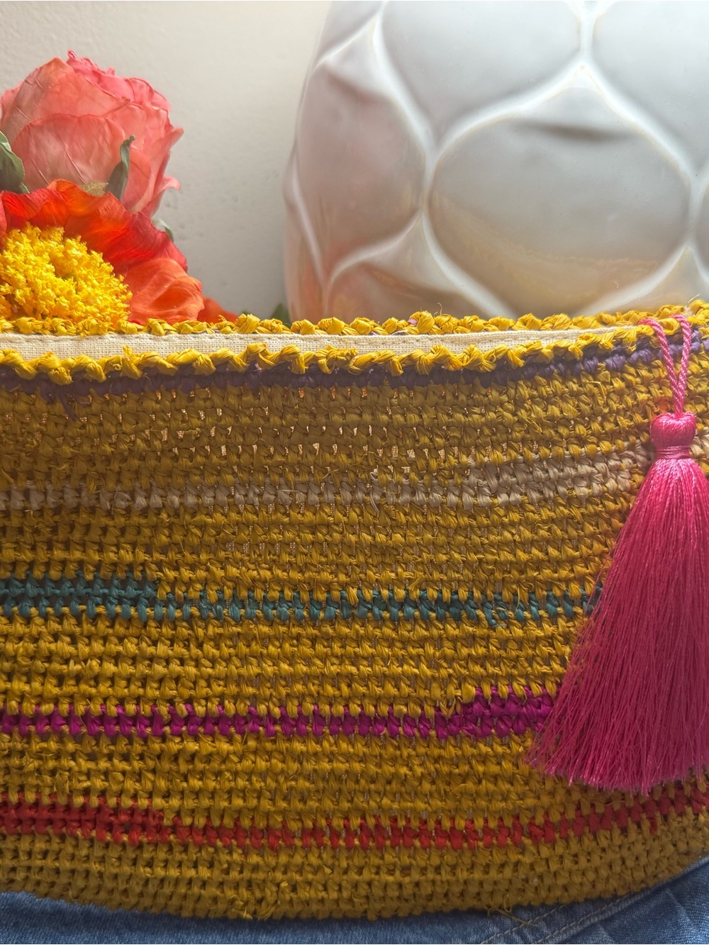 Mar Y Sol Handwoven Colorful Striped Raffia Clutch with Pink Tassel